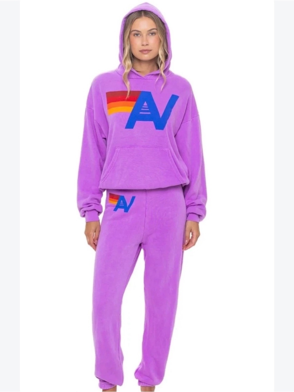 Aviator Nation Neon Purple Logo Hoodie & Sweatpant, Size S